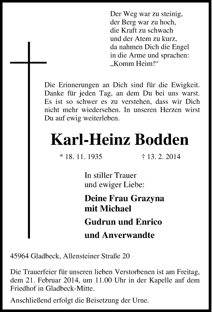  Traueranzeige für Karl-Heinz Bodden vom 19.02.2014 aus Tageszeitung
