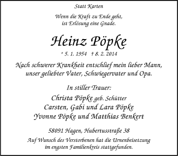 Traueranzeige von Heinz Pöpke von Tageszeitung