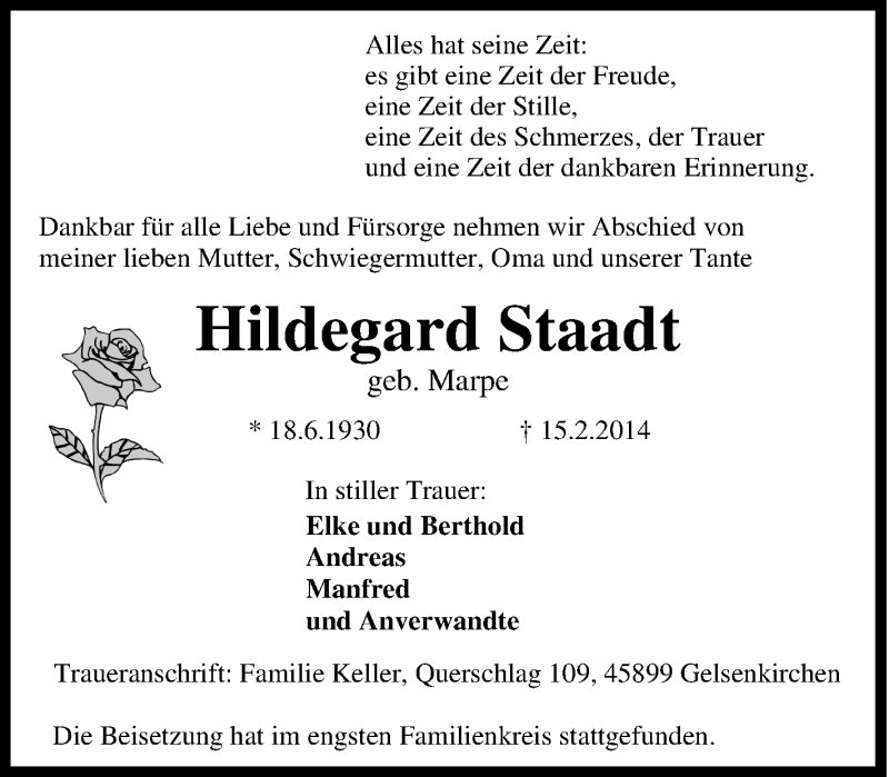  Traueranzeige für Hildegard Staadt vom 20.02.2014 aus Tageszeitung