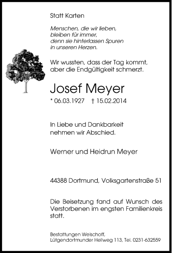 Traueranzeige von Josef Meyer von Tageszeitung