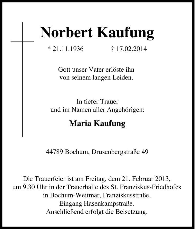  Traueranzeige für Norbert Kaufung vom 19.02.2014 aus Tageszeitung