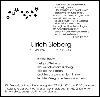 Traueranzeige von Ulrich Sieberg von Tageszeitung