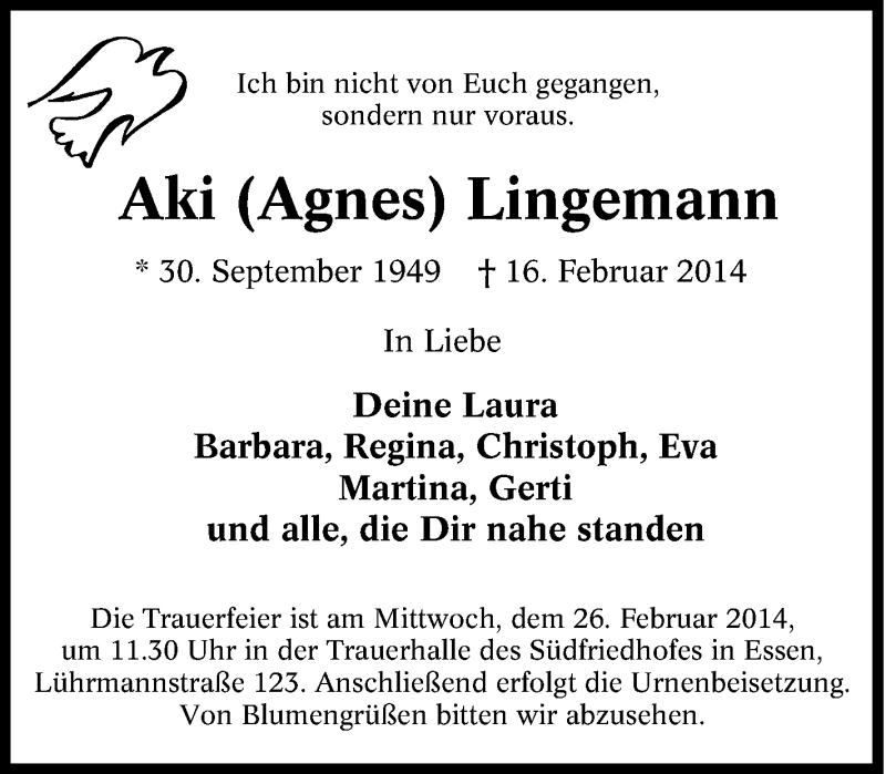  Traueranzeige für Aki Lingemann vom 22.02.2014 aus Tageszeitung