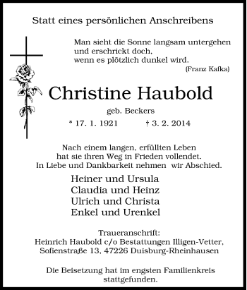 Traueranzeige von Christine Haubold von Tageszeitung