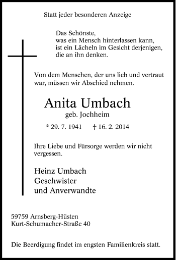 Traueranzeige von Anita Umbach von Tageszeitung