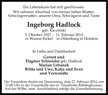Traueranzeige von Ingeborg Hadlock von Tageszeitung