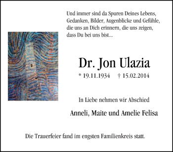 Traueranzeige von Jon Ulazia von Tageszeitung