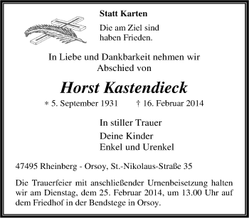 Traueranzeige von Horst Kastendieck von Tageszeitung