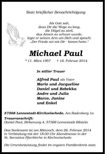 Traueranzeige von Michael Paul von Tageszeitung
