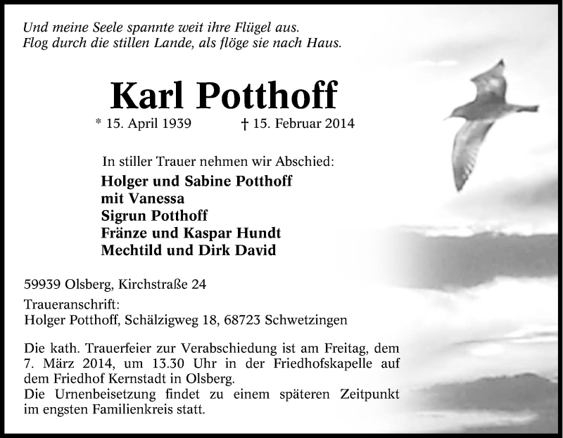  Traueranzeige für Karl Potthoff vom 22.02.2014 aus Tageszeitung