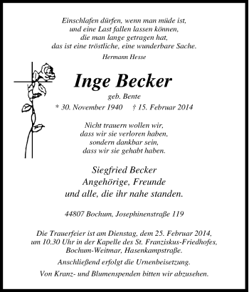 Traueranzeige von Inge Becker von Tageszeitung