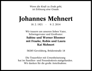 Traueranzeige von Johannes Mehnert von Tageszeitung