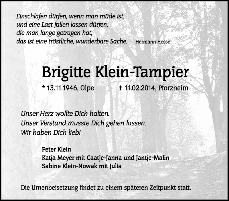  Traueranzeige für Brigitte Klein-Tampier vom 22.02.2014 aus Tageszeitung