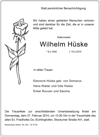 Traueranzeige von Wilhelm Hüske von Tageszeitung