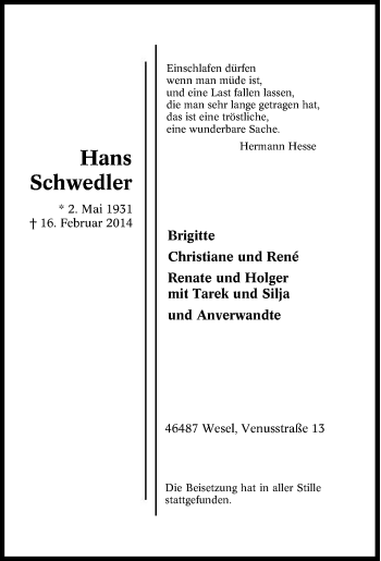 Traueranzeige von Hans Schwedler von Tageszeitung