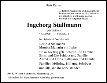 Traueranzeige von Ingeborg Stallmann von Tageszeitung