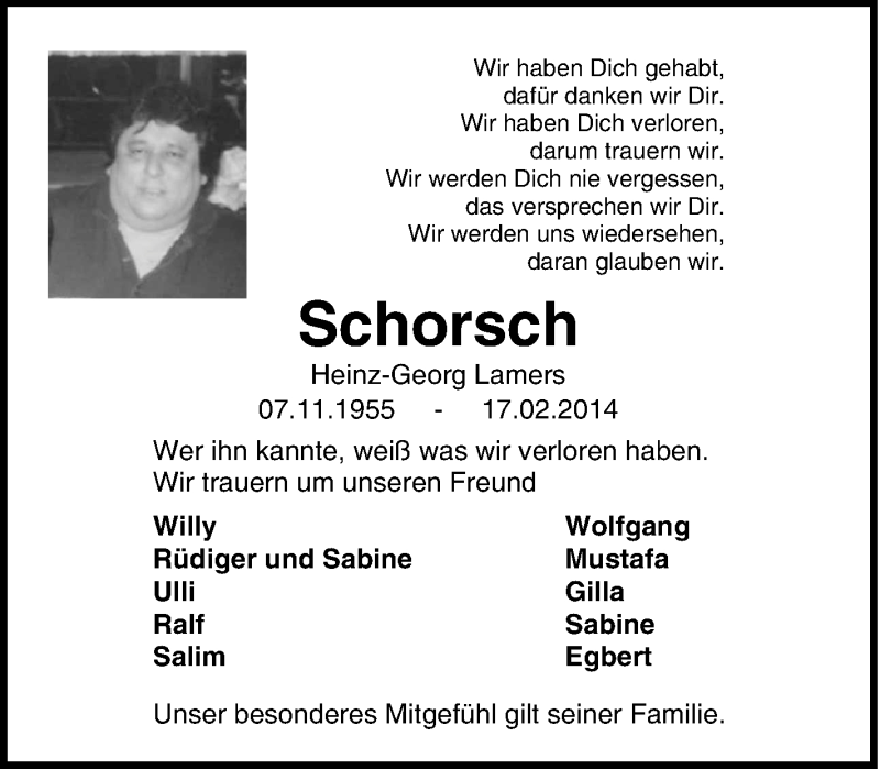  Traueranzeige für Heinz-Georg Lamers vom 22.02.2014 aus Tageszeitung