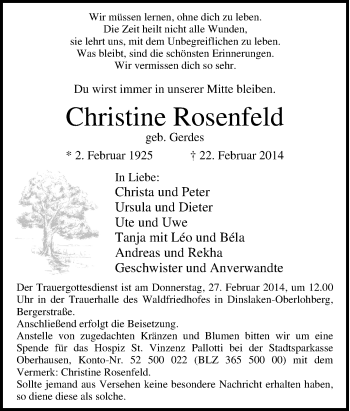 Traueranzeige von Christine Rosenfeld von Tageszeitung
