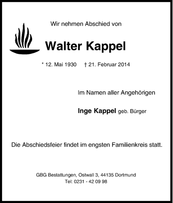 Traueranzeige von Walter Kappel von Tageszeitung