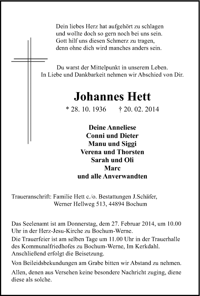  Traueranzeige für Johannes Heft vom 25.02.2014 aus Tageszeitung