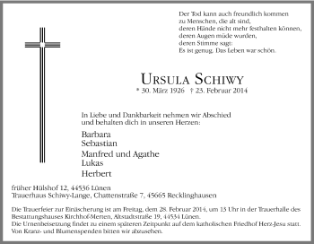 Traueranzeige von Ursula Schiwy von Tageszeitung