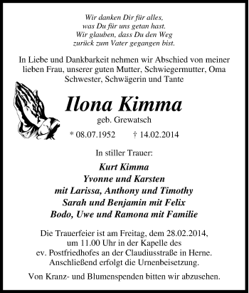 Traueranzeige von Ilona Kimma von Tageszeitung
