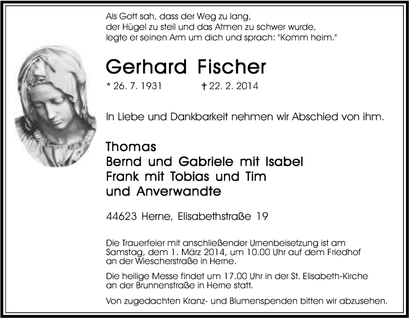  Traueranzeige für Gerhard Fischer vom 25.02.2014 aus Tageszeitung