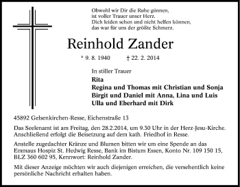 Traueranzeige von Reinhold Zander von Tageszeitung