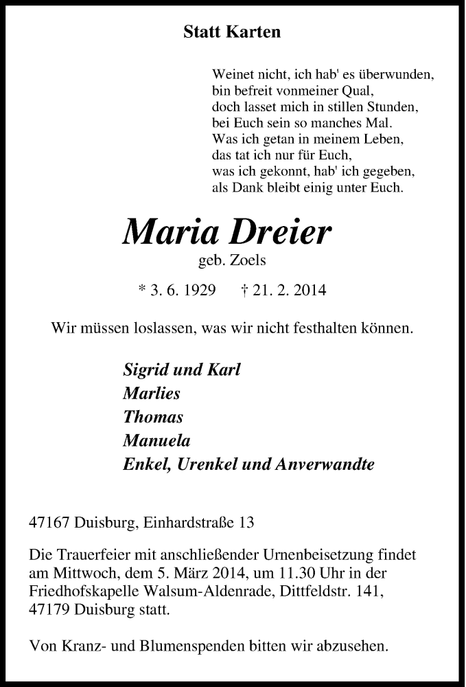  Traueranzeige für Maria Dreier vom 25.02.2014 aus Tageszeitung