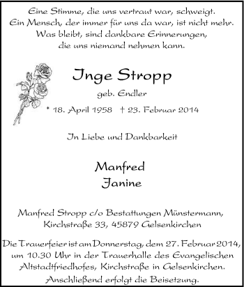Traueranzeige von Inge Stropp von Tageszeitung