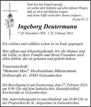 Traueranzeige von Ingeborg Deutermann von Tageszeitung