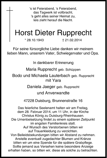 Traueranzeige von Horst Dieter Rupprecht von Tageszeitung