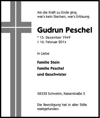 Traueranzeige von Gudrun Peschel von Tageszeitung