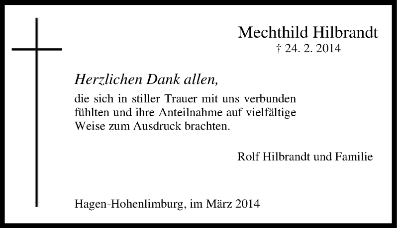  Traueranzeige für Mechthild Hilbrandt vom 26.02.2014 aus Tageszeitung