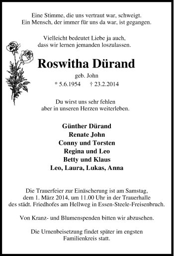Traueranzeige von Roswitha Dürand von Tageszeitung