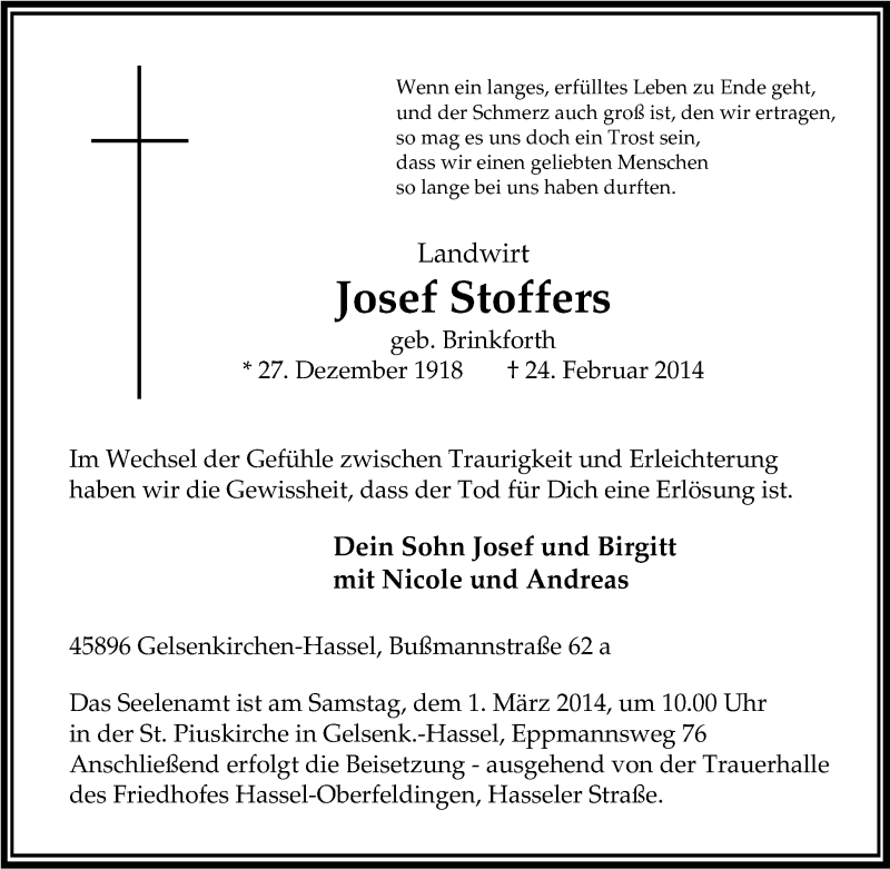  Traueranzeige für Josef Stoffers vom 26.02.2014 aus Tageszeitung