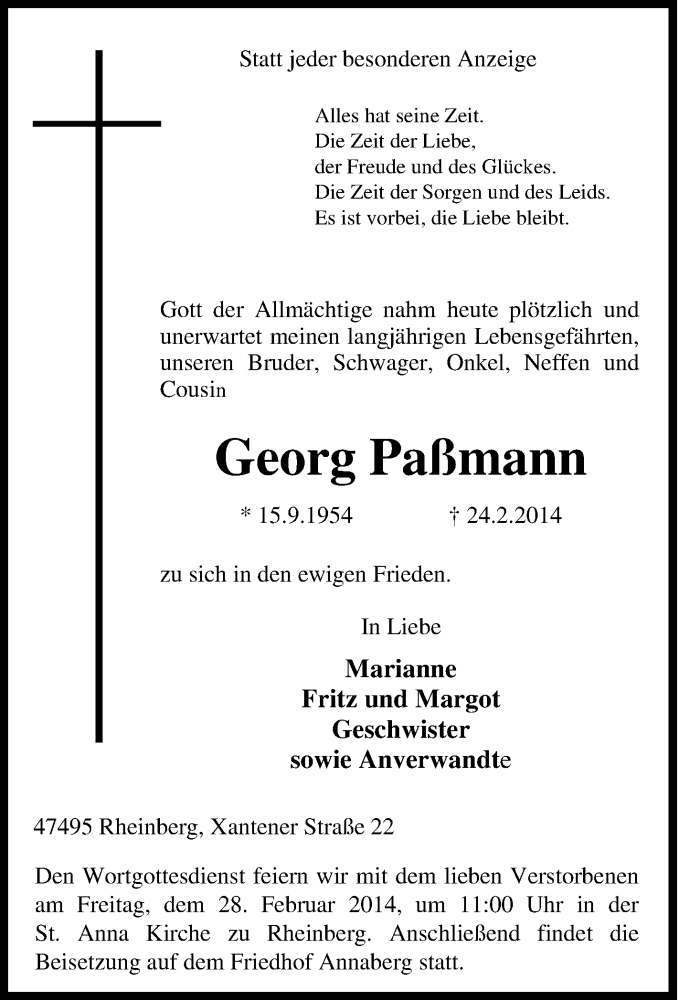 Traueranzeige für Georg Paßmann vom 26.02.2014 aus Tageszeitung