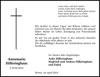 Traueranzeige von Annemarie Hilleringhaus von Tageszeitung