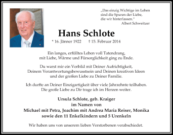 Traueranzeige von Hans Schlote von Tageszeitung