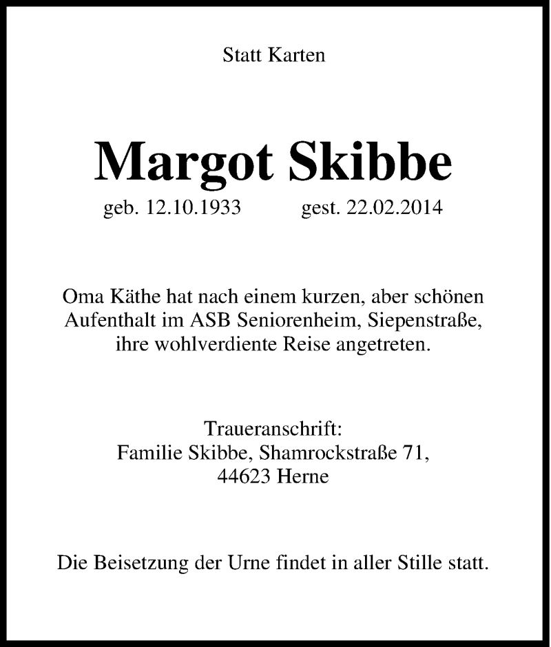  Traueranzeige für Margot Skibbe vom 26.02.2014 aus Tageszeitung