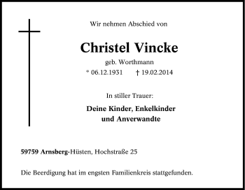 Traueranzeige von Christel Vincke von Tageszeitung
