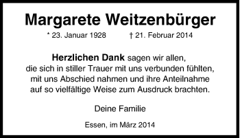 Traueranzeige von Margarete Weitzenbürger von Tageszeitung
