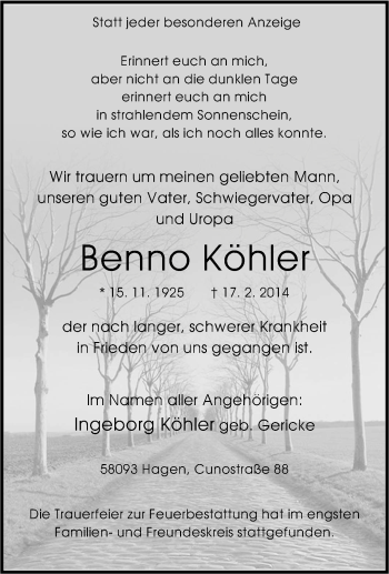 Traueranzeige von Benno Köhler von Tageszeitung