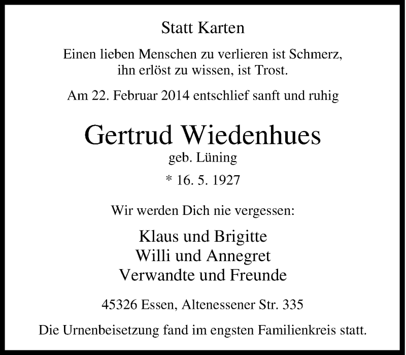  Traueranzeige für Gertrud Wiedenhues vom 08.03.2014 aus Tageszeitung