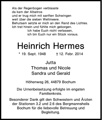 Traueranzeige von Heinrich Hermes von Tageszeitung
