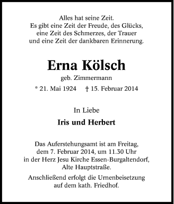 Traueranzeige von Erna Kölsch von Tageszeitung