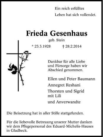 Traueranzeige von Frieda Gesenhaus von Tageszeitung