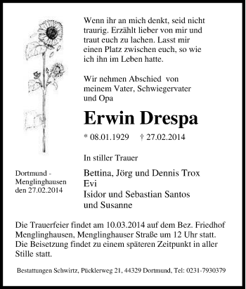Traueranzeige von Erwin Drespa von Tageszeitung