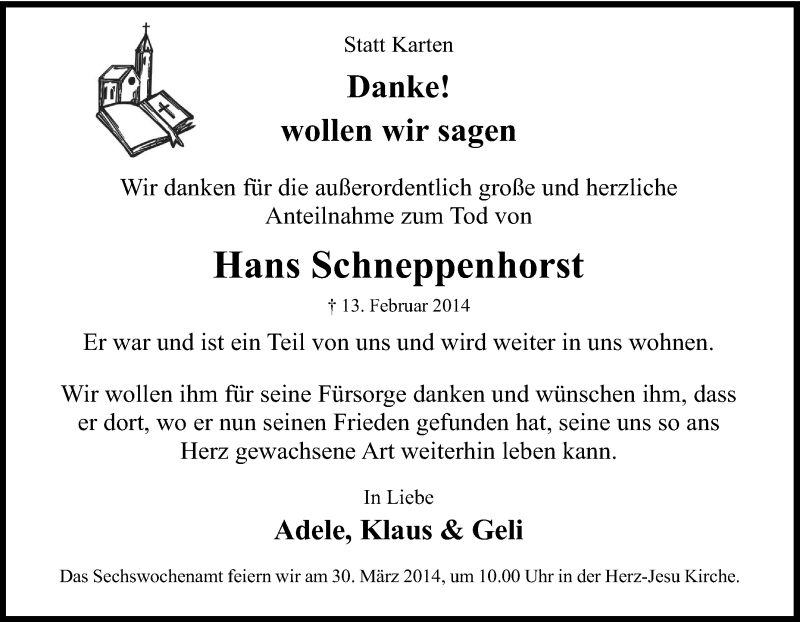  Traueranzeige für Hans Schneppenhorst vom 08.03.2014 aus Tageszeitung