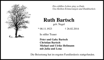 Traueranzeige von Ruth Bartsch von Tageszeitung